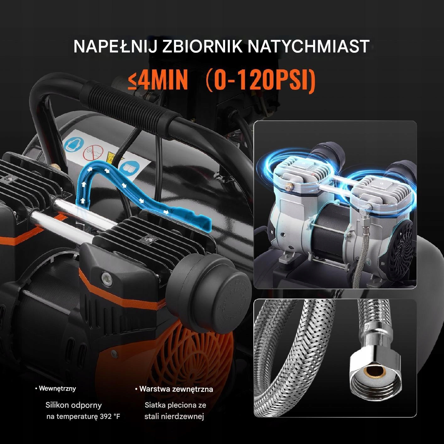 Kompresor powietrza 8L 120PSI - bezolejowy przenośny do warsztatu VEVOR